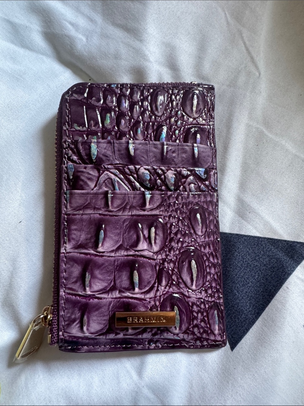 Brahmin Deep Plum Croc-Embossed Zip Card Case with Gold Hardware